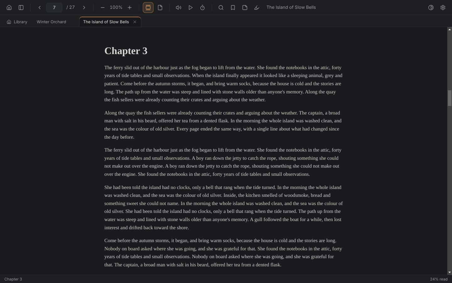 bulleye showing a book in continuous scroll with two books open in tabs along the top