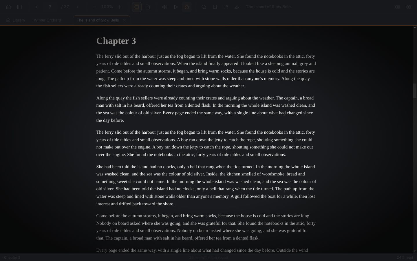 Timed reading mode with the screen dimmed around the text